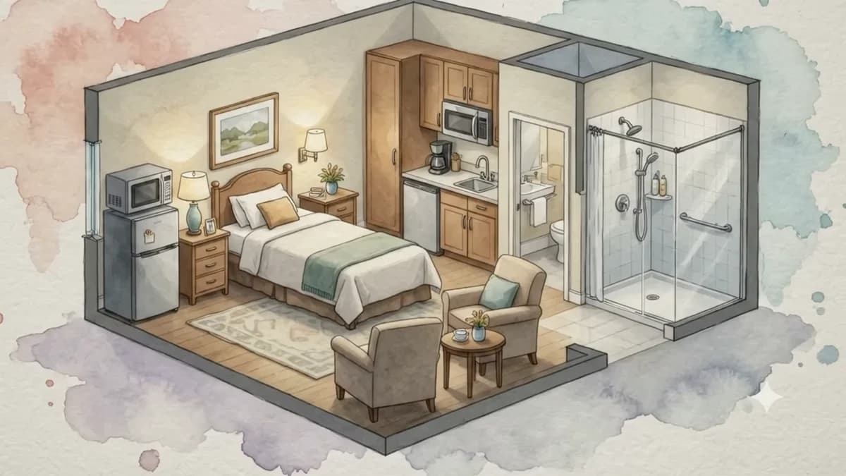 Watercolour illustration of an assisted living suite with an accessible shower
