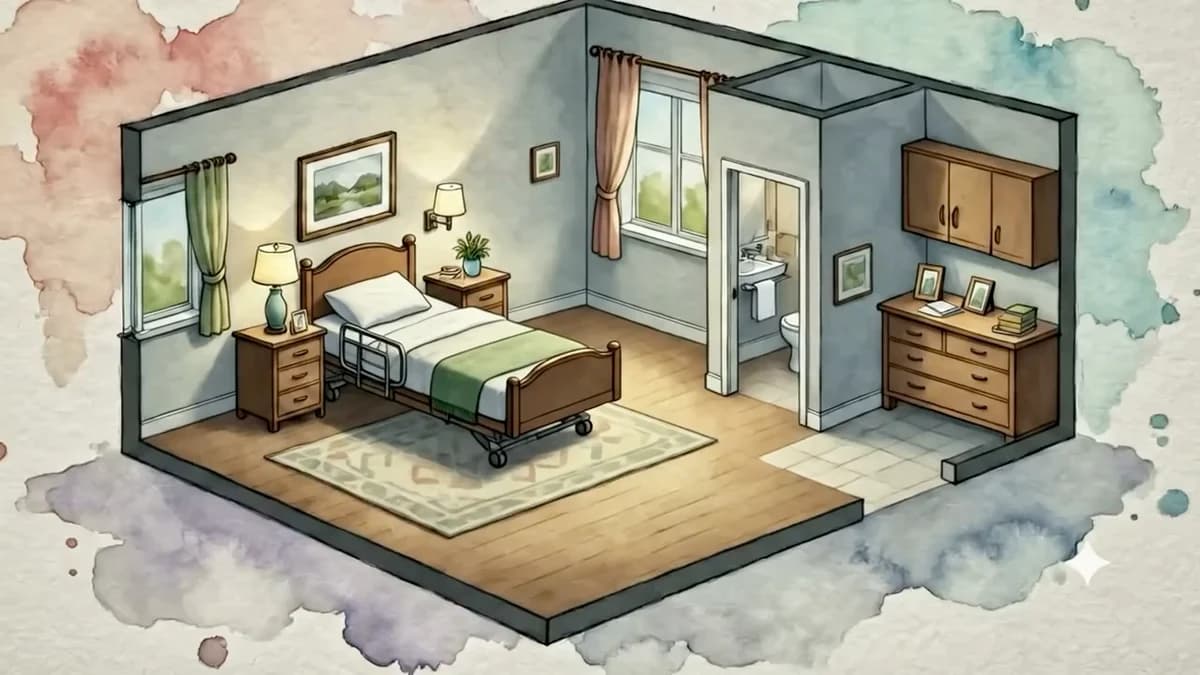 Watercolour illustration of a care-home room with an adjustable bed