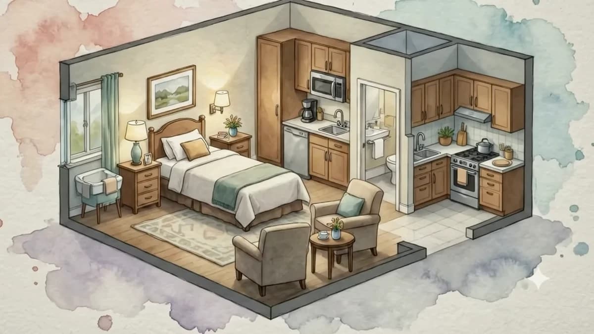 Watercolour illustration of a retirement community suite with a kitchen and sitting area